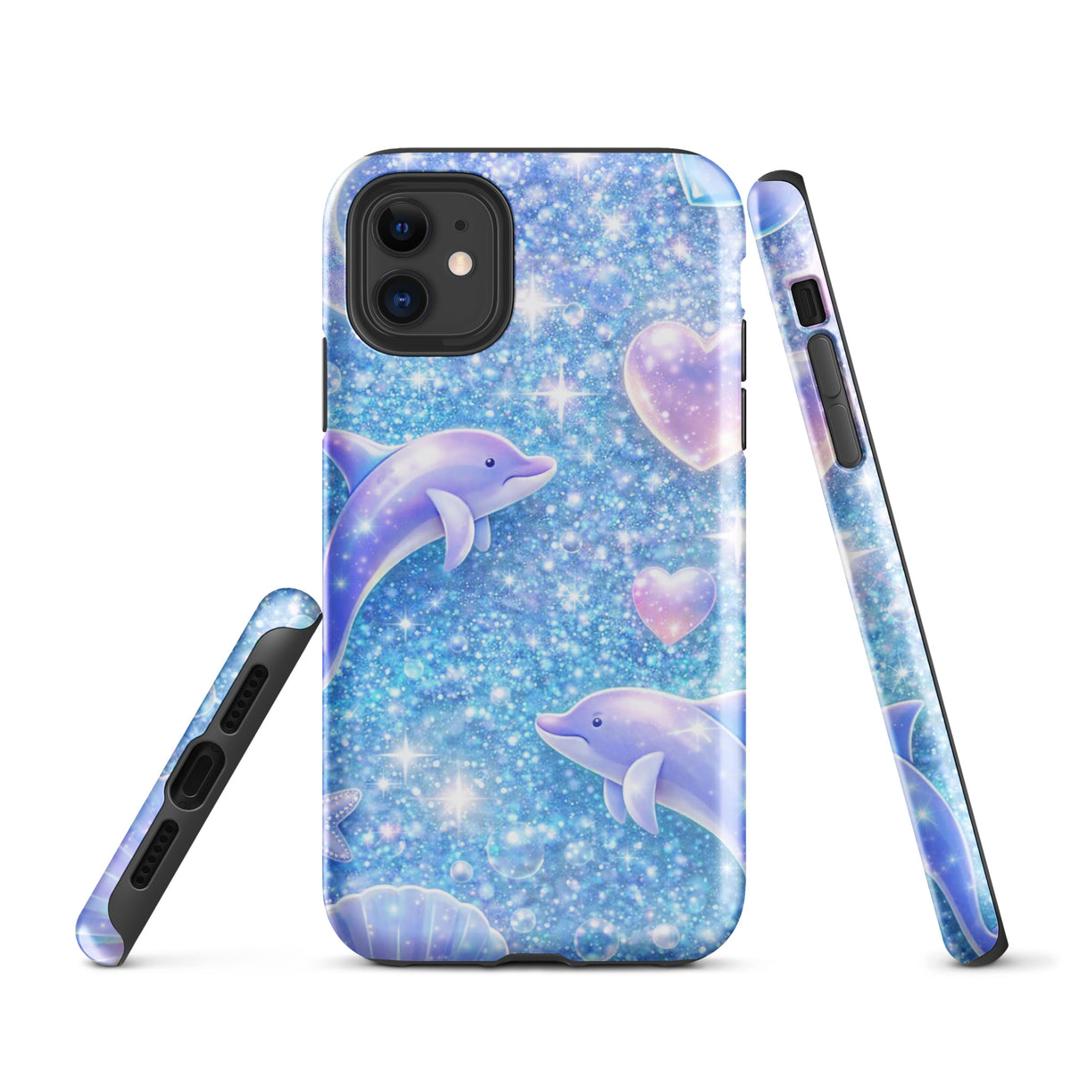 Phone Case for iPhone featuring ocean glitter dolphins and moonlit shell fantasy design with shimmering liquid glitter.