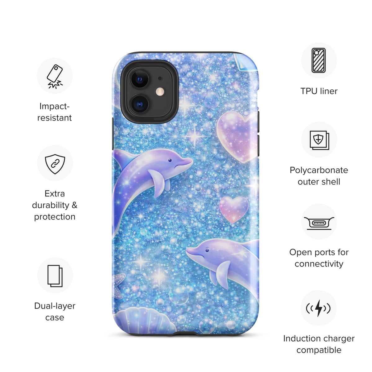 Phone Case for iPhone with ocean glitter, dolphins, moon, and shells design against a starry blue background, sparkly protective cover.