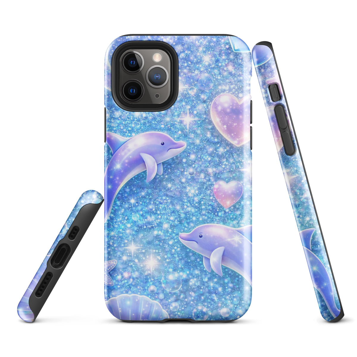 Phone Case for iPhone with Ocean Glitter Dolphins, pastel moons, and shells design, shimmering in a moonlit fantasy theme.