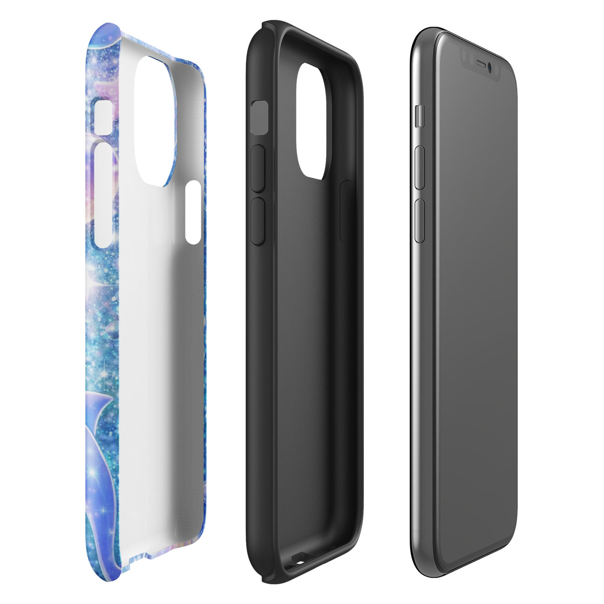 Phone Case for iPhone with Ocean Glitter Dolphins, moonlit shells, and shimmering liquid glitter design, shown in three pieces.