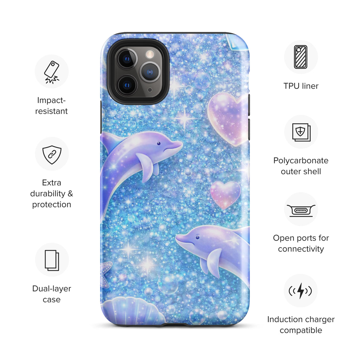 Phone Case for iPhone with ocean glitter dolphins and moonlit shell design, featuring sparkling liquid glitter and celestial accents.