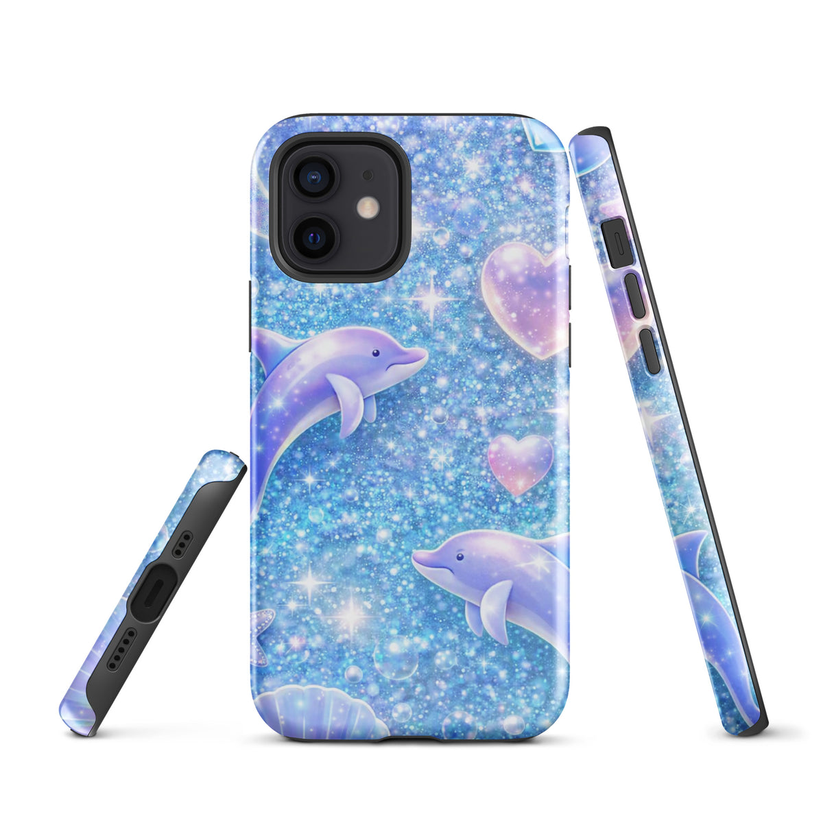 Phone Case for iPhone with ocean glitter design featuring dolphins, moonlit shells, and celestial accents.