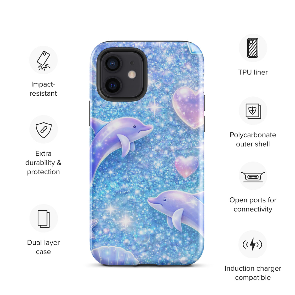 Phone Case featuring ocean glitter with dolphins, moonlit shells, and celestial design for iPhone. Dreamy, shimmering design.
