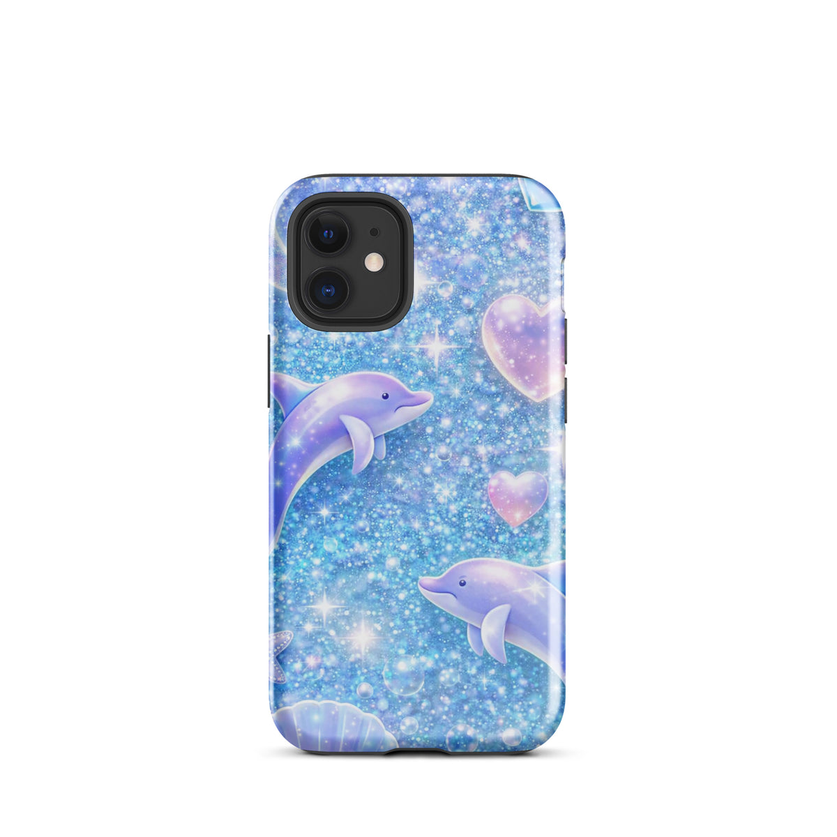 Phone Case for iPhone with ocean glitter dolphins and moonlit shell design, featuring shimmering liquid glitter and pastel celestial accents.