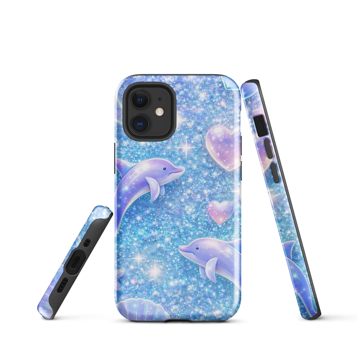 Phone Case for iPhone with ocean glitter, dolphins, pastel moons, and tiny shells on a dreamy night sky background