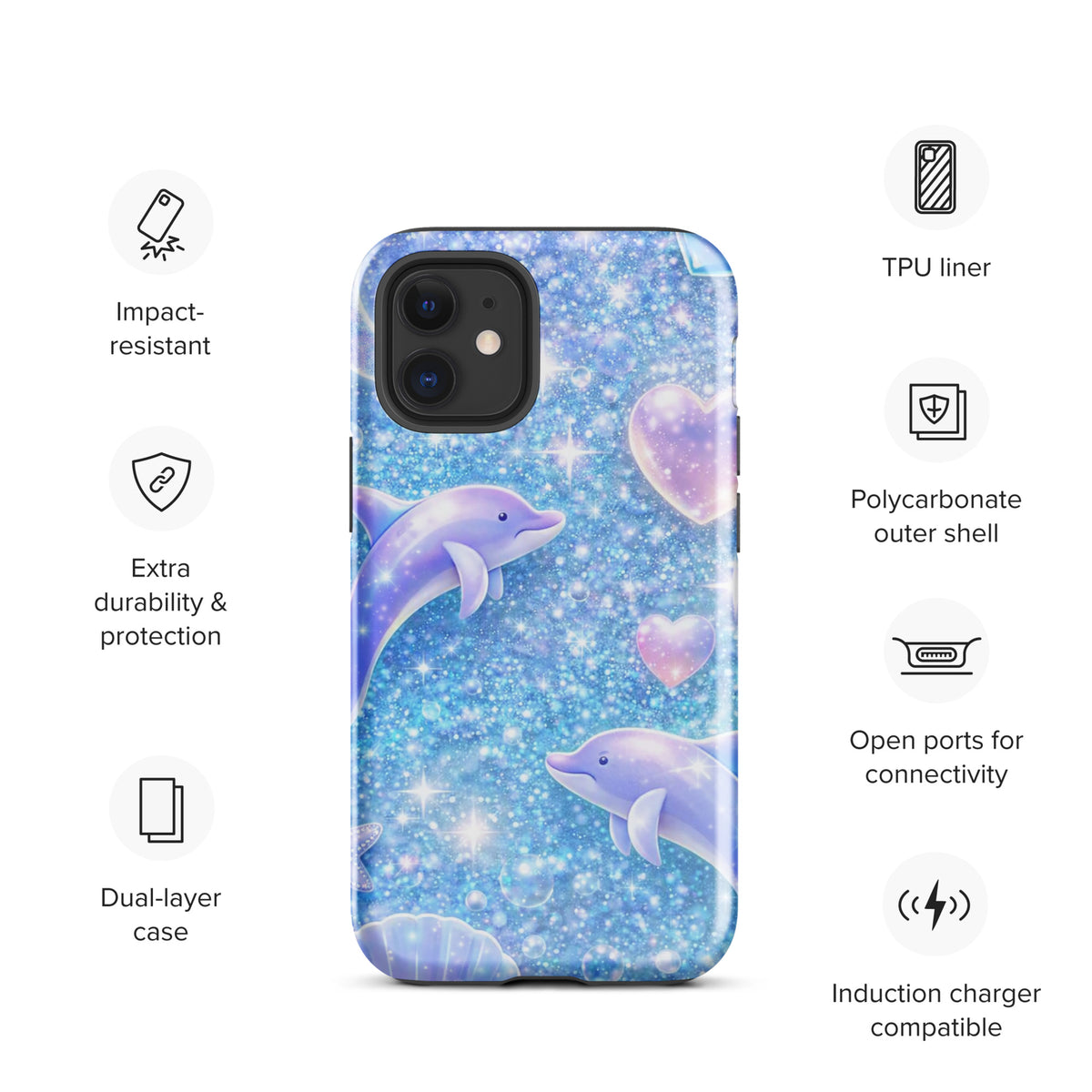 Phone Case for iPhone with ocean glitter design featuring dolphins, pastel moons, and shells against a starry background. Magical underwater theme.