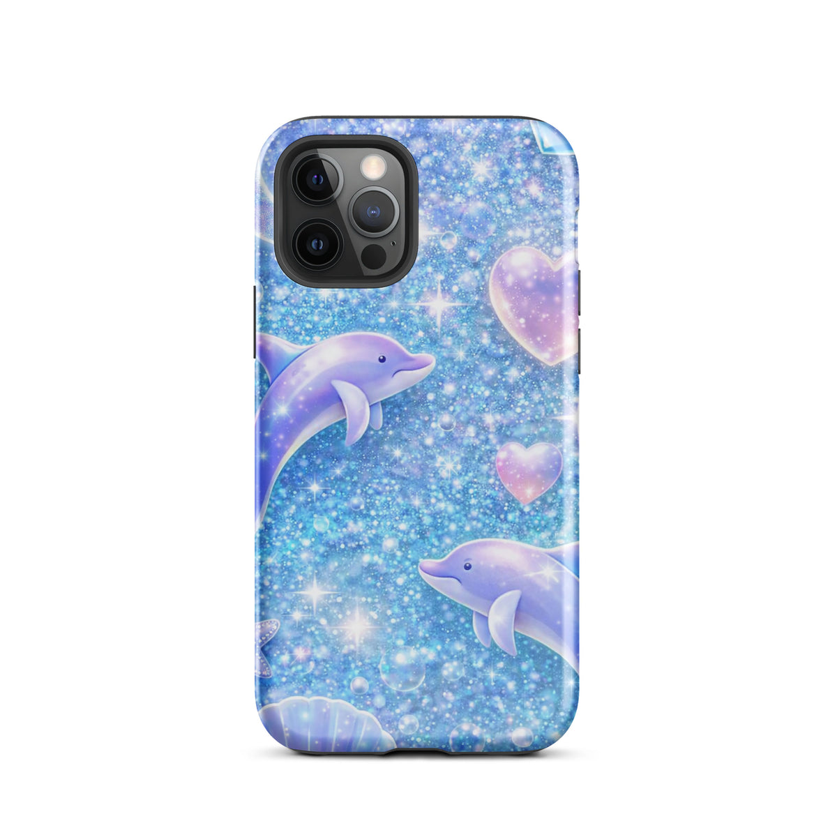 Phone Case for iPhone featuring ocean glitter design with dolphins, pastel moons, and shells on a sparkling blue background.