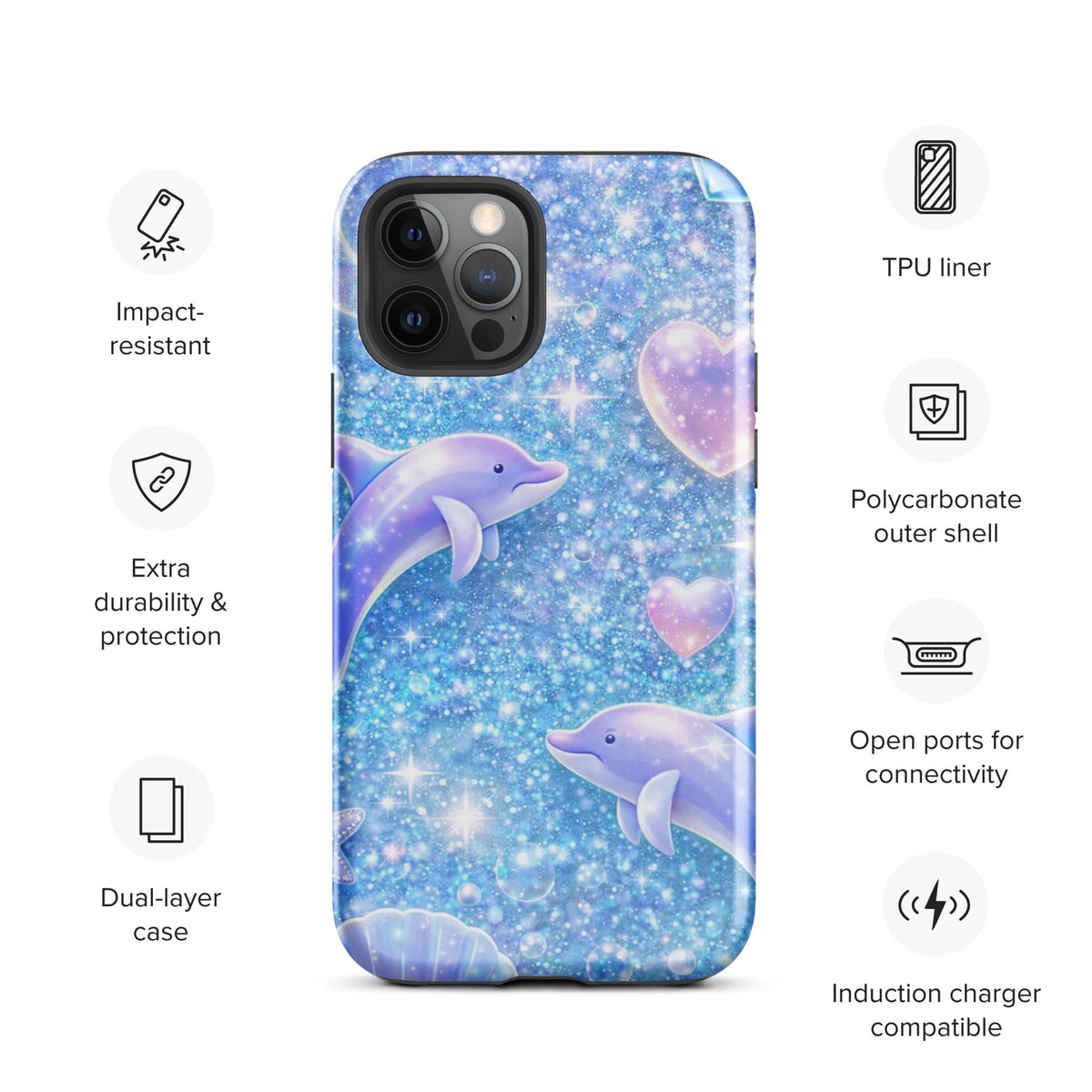 Phone Case for iPhone with Ocean Glitter Dolphins and Moonlit Shell design, featuring vibrant dolphins and celestial sparkles in blue tones.