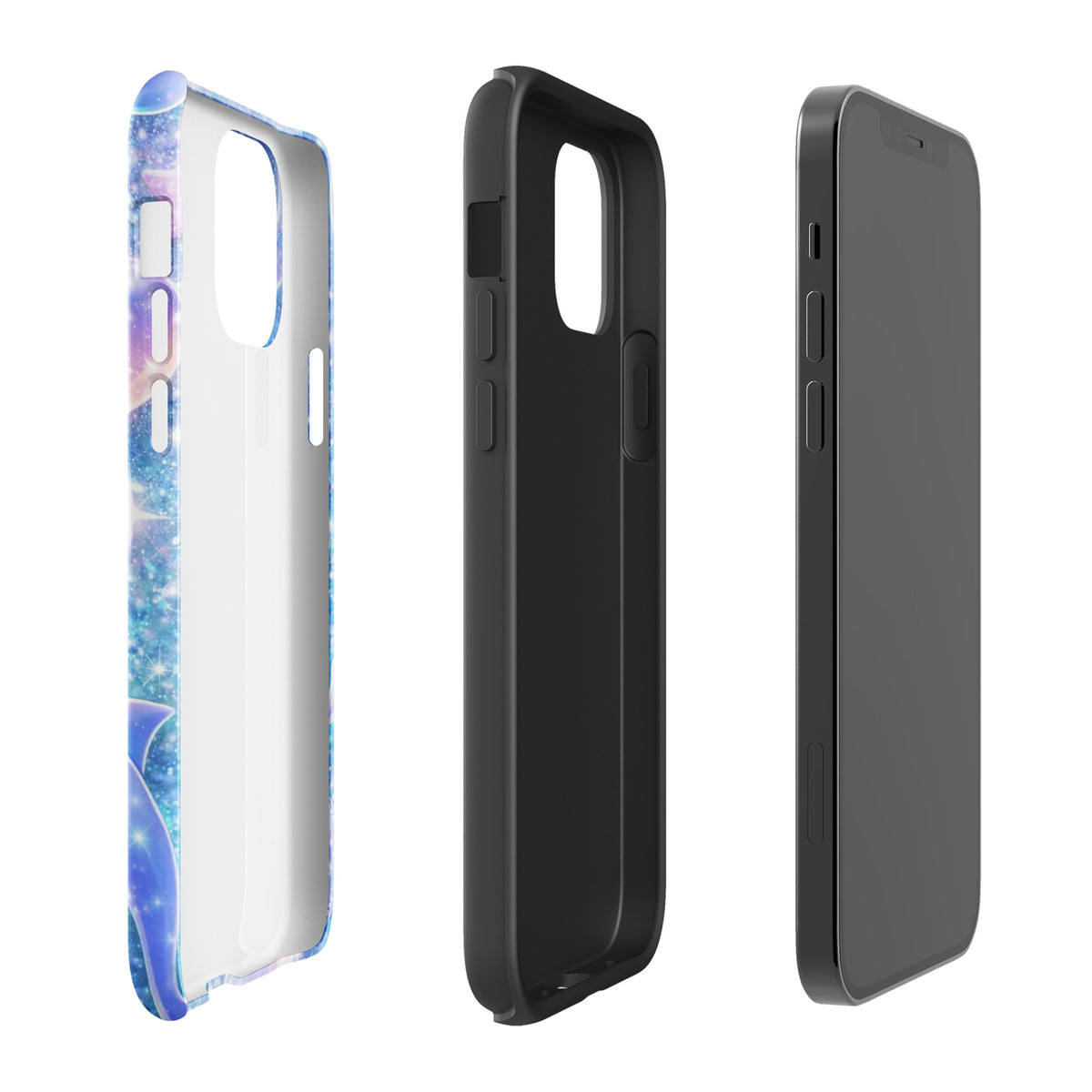 Phone Case for iPhone with Ocean Glitter, Dolphins, and Moonlit Shell Fantasy design, featuring shimmering liquid glitter and celestial accents.