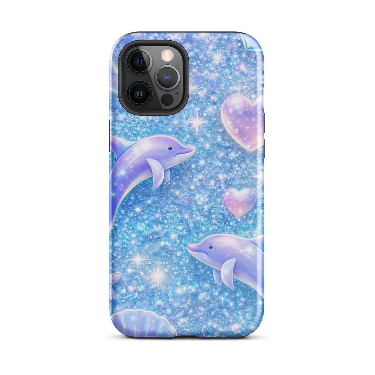 Phone Case for iPhone with ocean glitter, dolphins, celestial moon, and shell design.