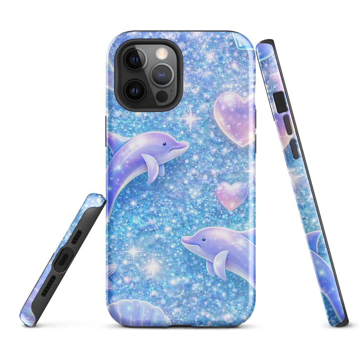 Phone Case for iPhone with ocean glitter design featuring dolphins and pastel moons