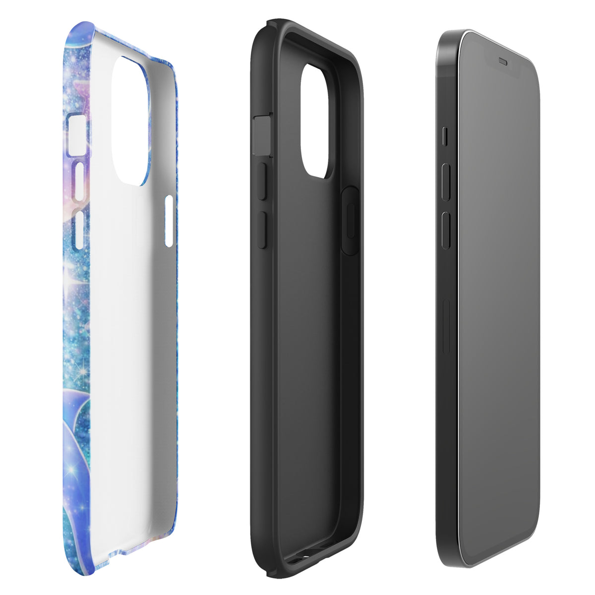 Phone Case for iPhone with Ocean Glitter Dolphins, pastel moons, and celestial accents in shimmering design.
