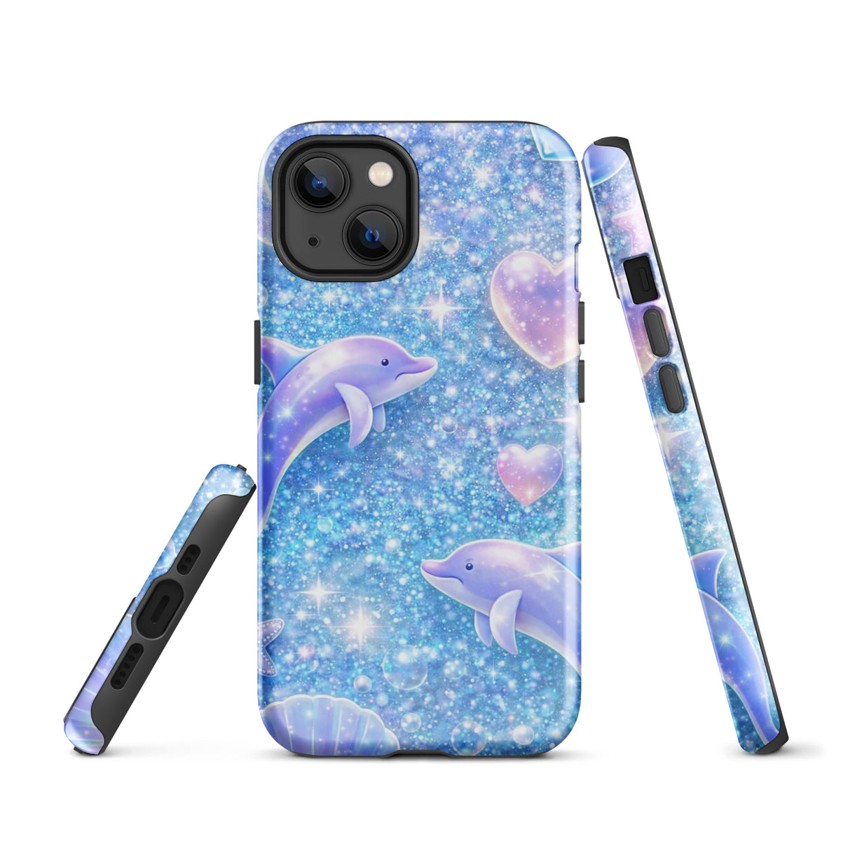 Phone Case for iPhone with Ocean Glitter design, featuring dolphins, moons, and shells on a sparkly blue background.