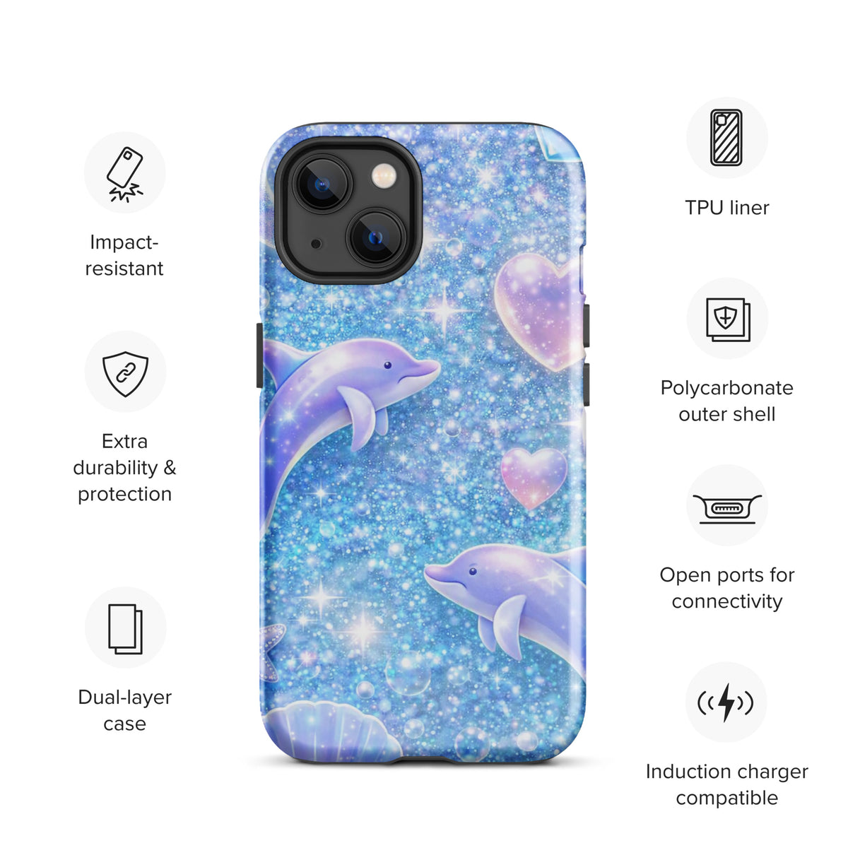 Phone Case for iPhone with Ocean Glitter Dolphins and Moonlit Shell Fantasy design, featuring shimmering glitter and dreamy celestial accents.