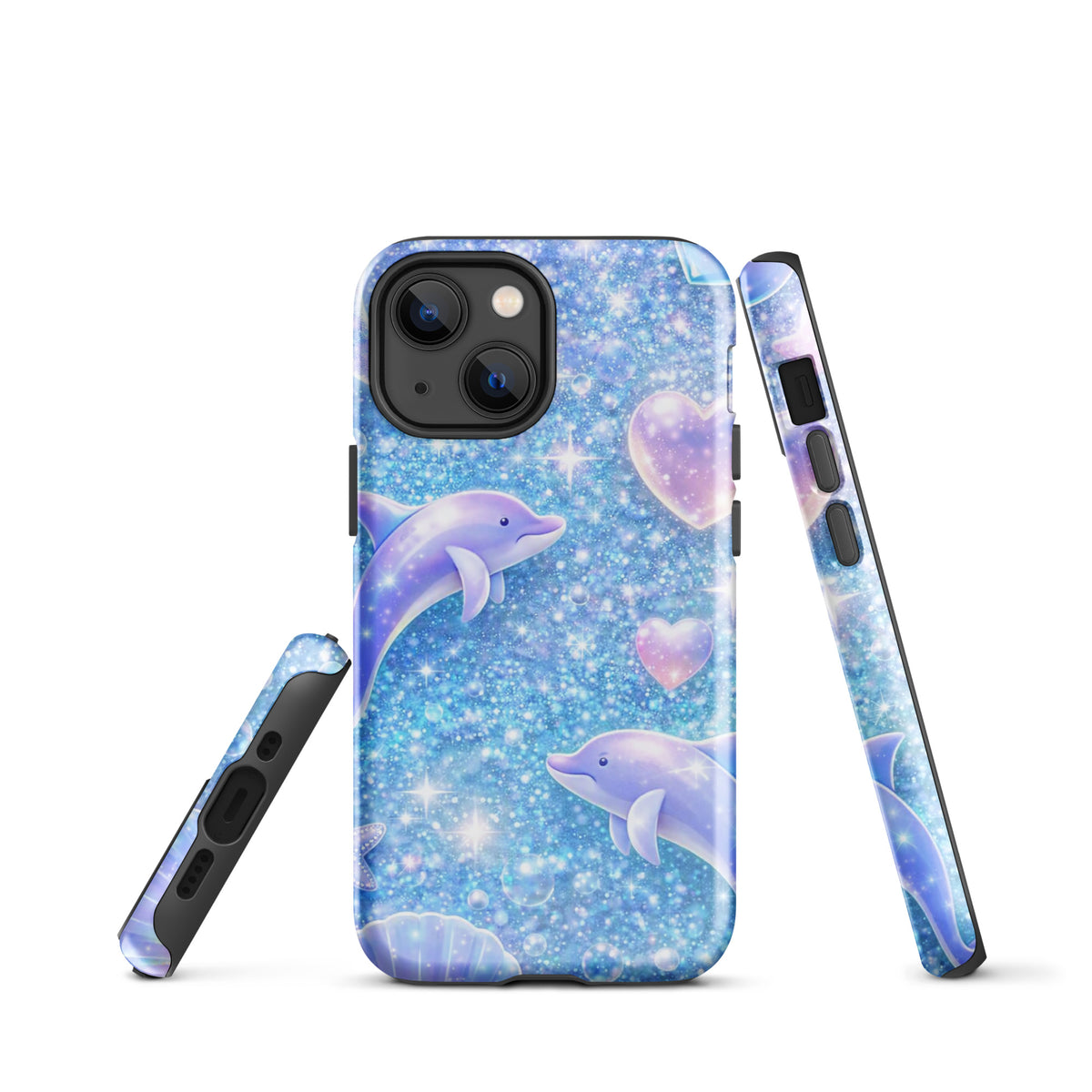 Phone Case for iPhone with ocean glitter design featuring dolphins, pastel moons, and shells.