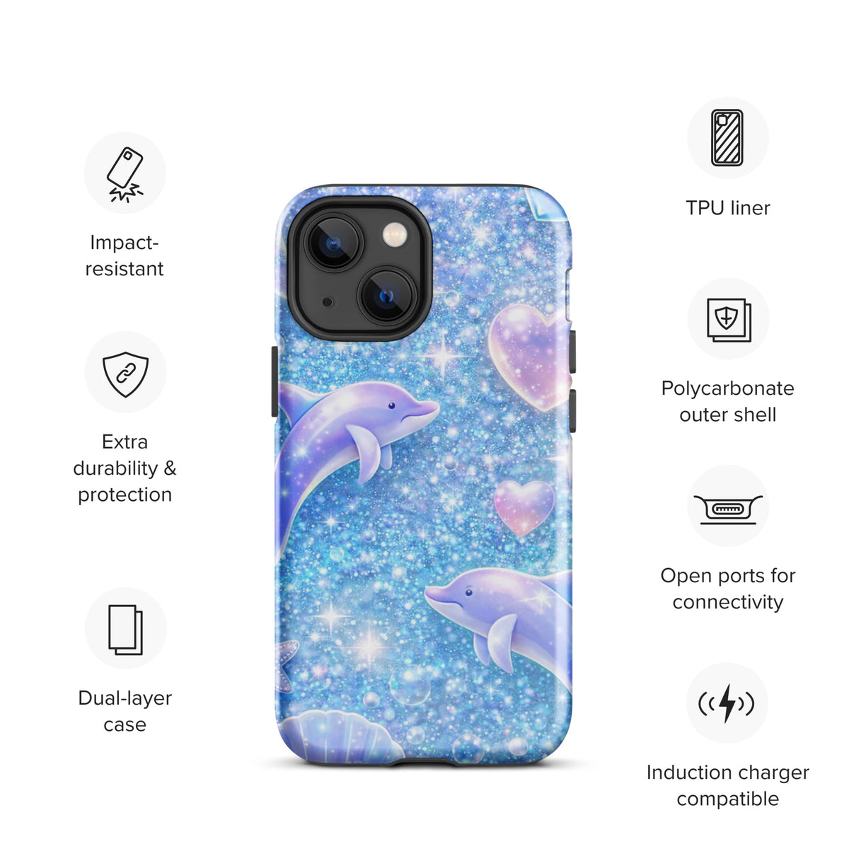 Phone Case featuring ocean glitter with dolphins, pastel moons, shells; perfect dreamy design for iPhone with dual-layer protection.