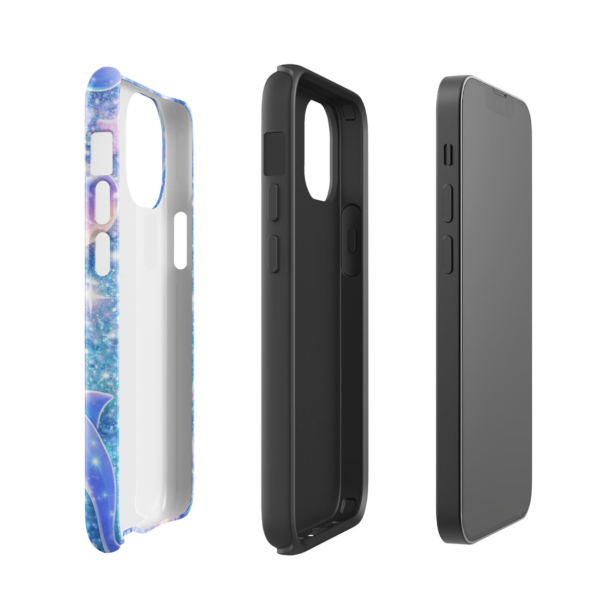 Phone Case with ocean glitter design showing dolphins, moons, and shells, fits iPhone, celestial fantasy style.