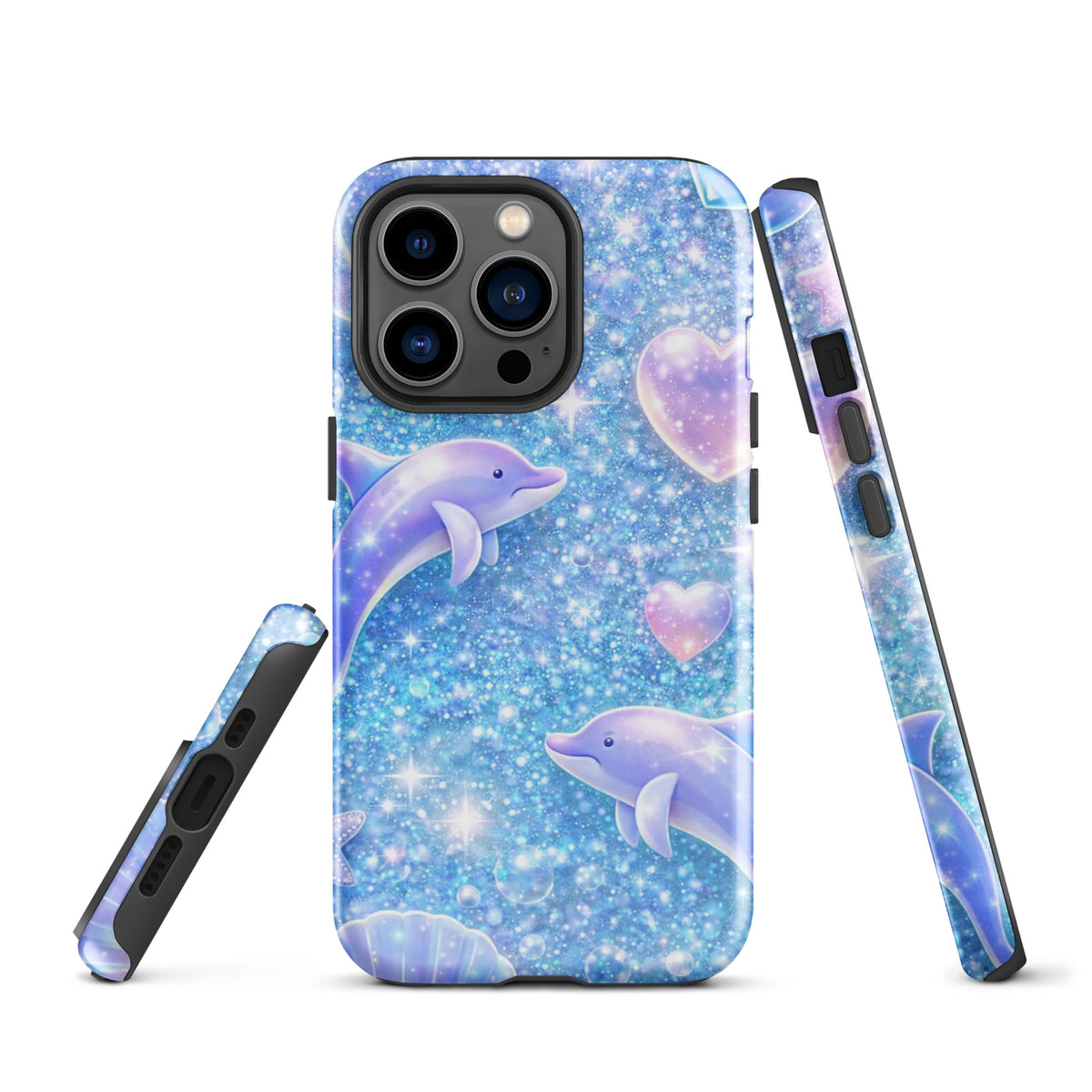 Phone Case for iPhone with Ocean Glitter Dolphins, Moonlit Shell Fantasy design, shimmering stars, pastel moon and soft celestial accents