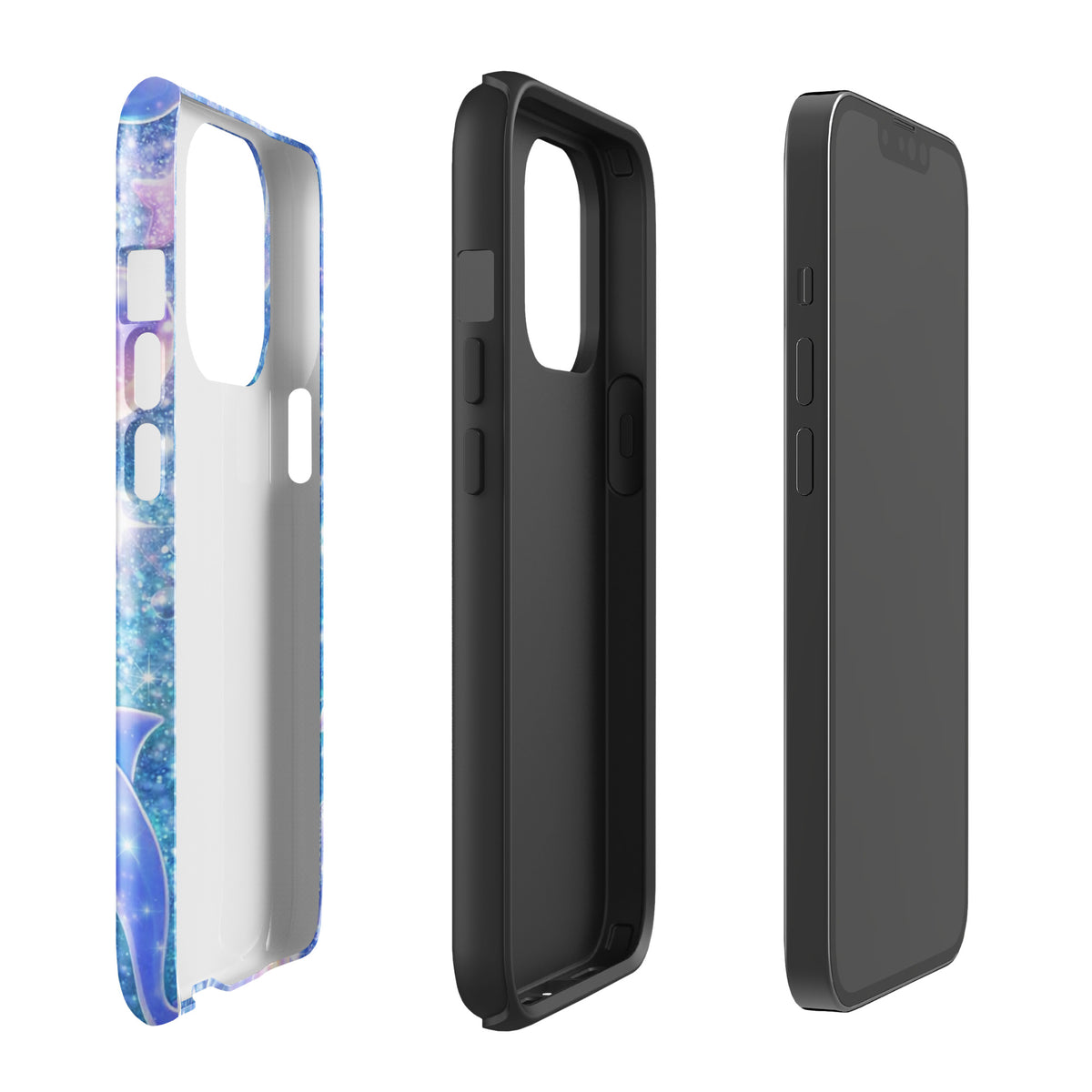Phone Case for iPhone with Ocean Glitter Dolphins & Moonlit Shell design in three views
