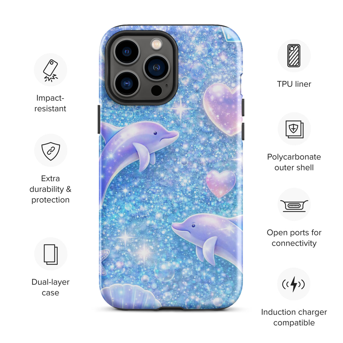 Phone Case for iPhone featuring ocean glitter dolphins, moonlit shells, and pastel celestial accents, perfect for dreamy style lovers.