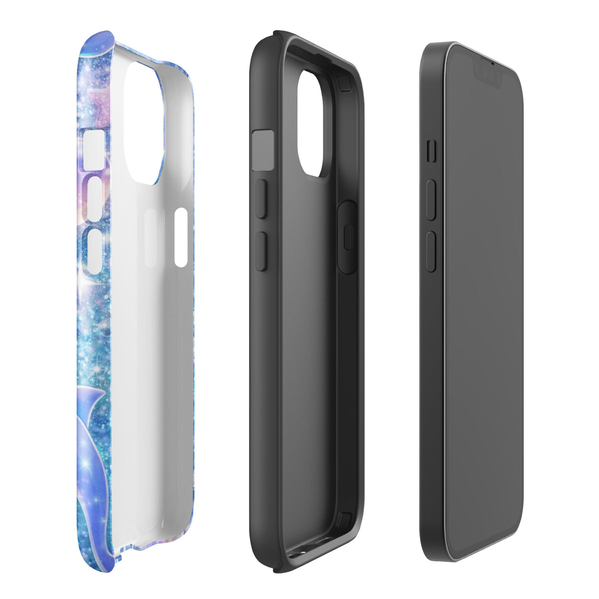 Ocean Glitter Dolphins Phone Case for iPhone - Sparkling design with celestial accents and moonlit shell fantasy.
