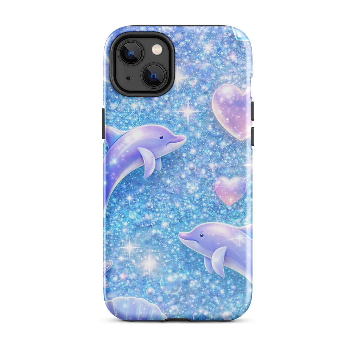Phone Case for iPhone with ocean glitter design featuring dolphins, pastel moons, and shells in a magical night sky theme.
