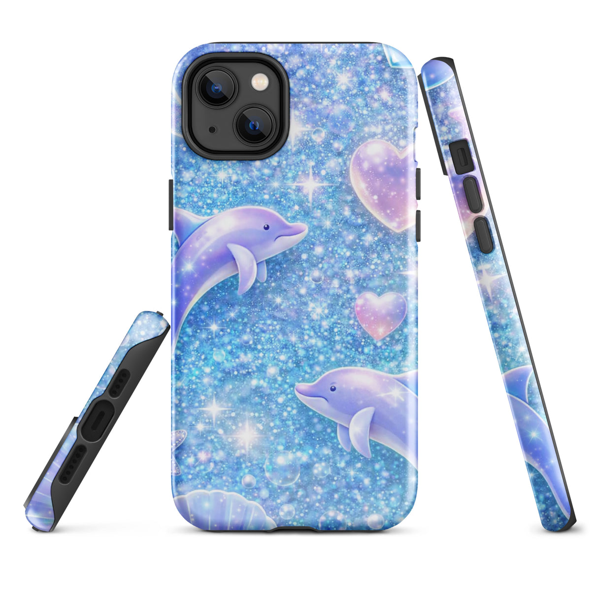 Phone Case for iPhone with ocean glitter design featuring dolphins and celestial elements.