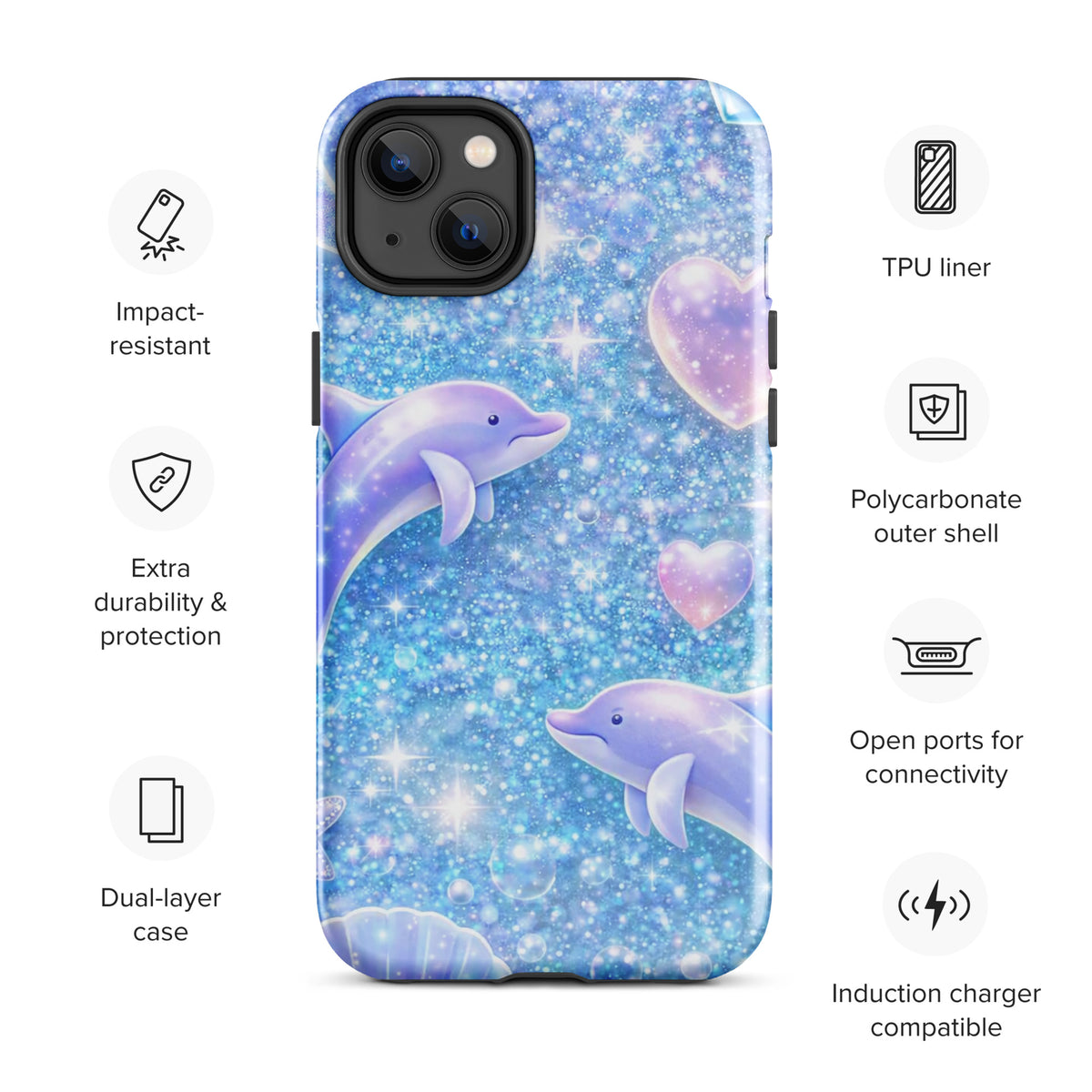 Phone Case for iPhone with Ocean Glitter Dolphins and Moonlit Shell design, featuring sparkling liquid glitter and celestial accents.