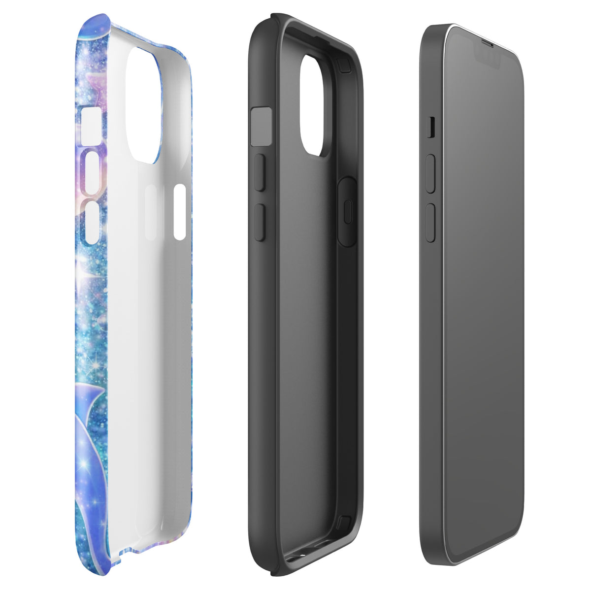 Phone Case for iPhone featuring ocean glitter, dolphins, moonlit shells, and pastel accents in a fantasy design.