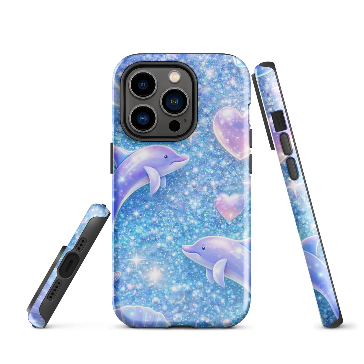 Ocean Glitter Dolphins & Moonlit Shell Fantasy Phone Case for iPhone with shimmering glitter and dreamy pastel design.