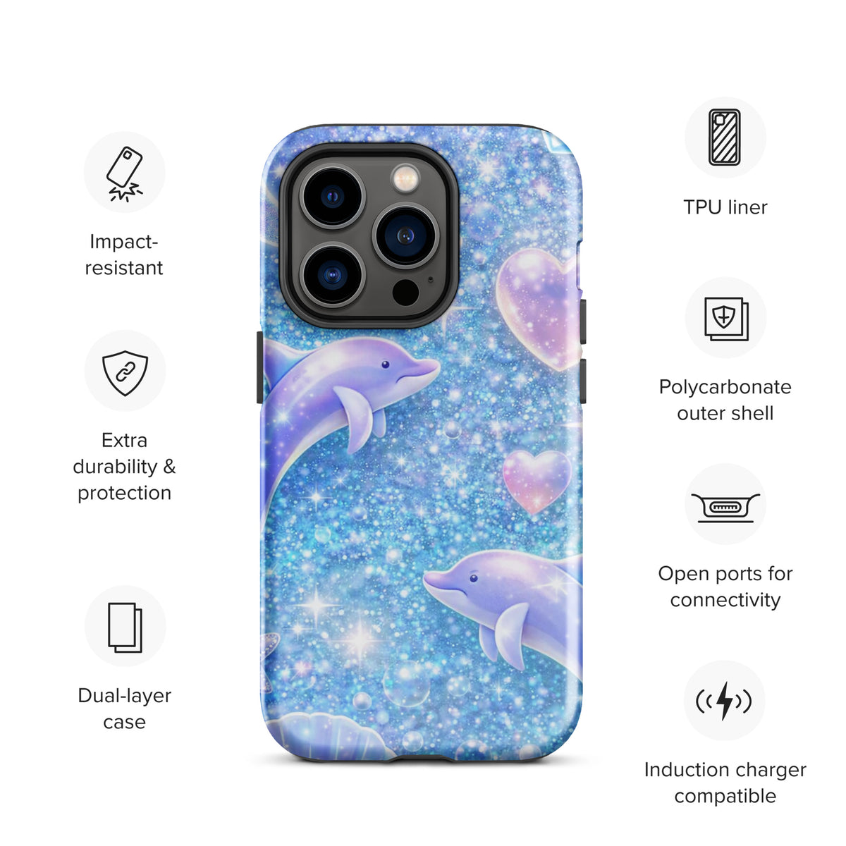 Phone Case for iPhone with ocean glitter design featuring dolphins, moons, and shells. Induction charger compatible and impact-resistant.