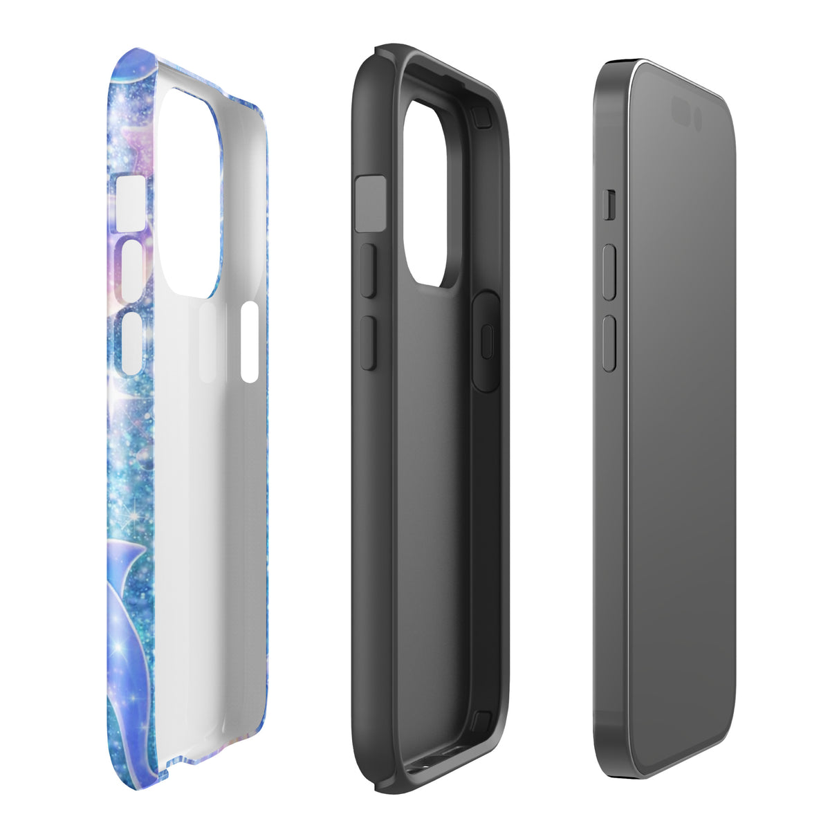 Phone Case for iPhone with Ocean Glitter Dolphins & Moonlit Shell Fantasy design featuring shimmering glitter.