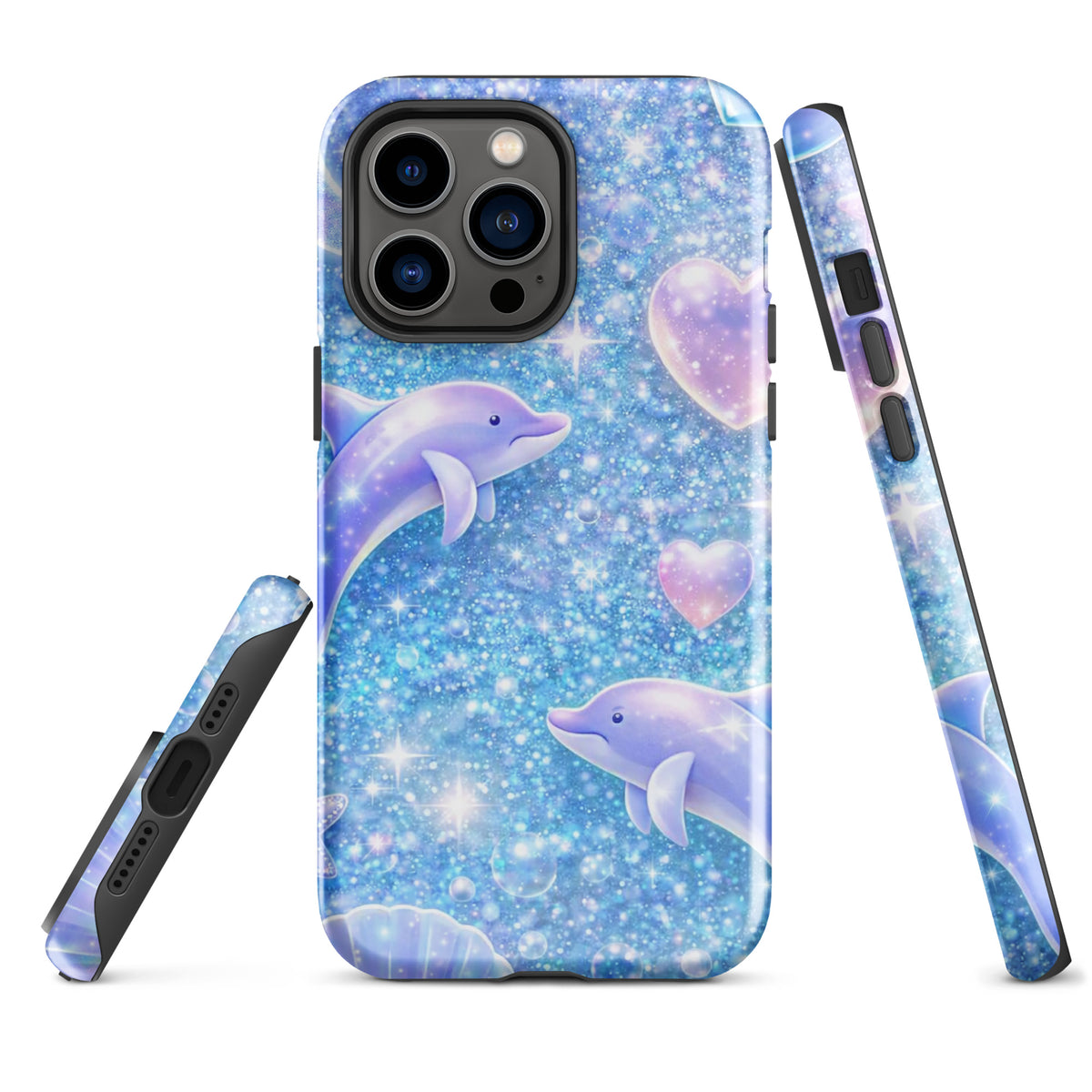 Phone Case for iPhone with ocean glitter, dolphins, moons, and shells design.