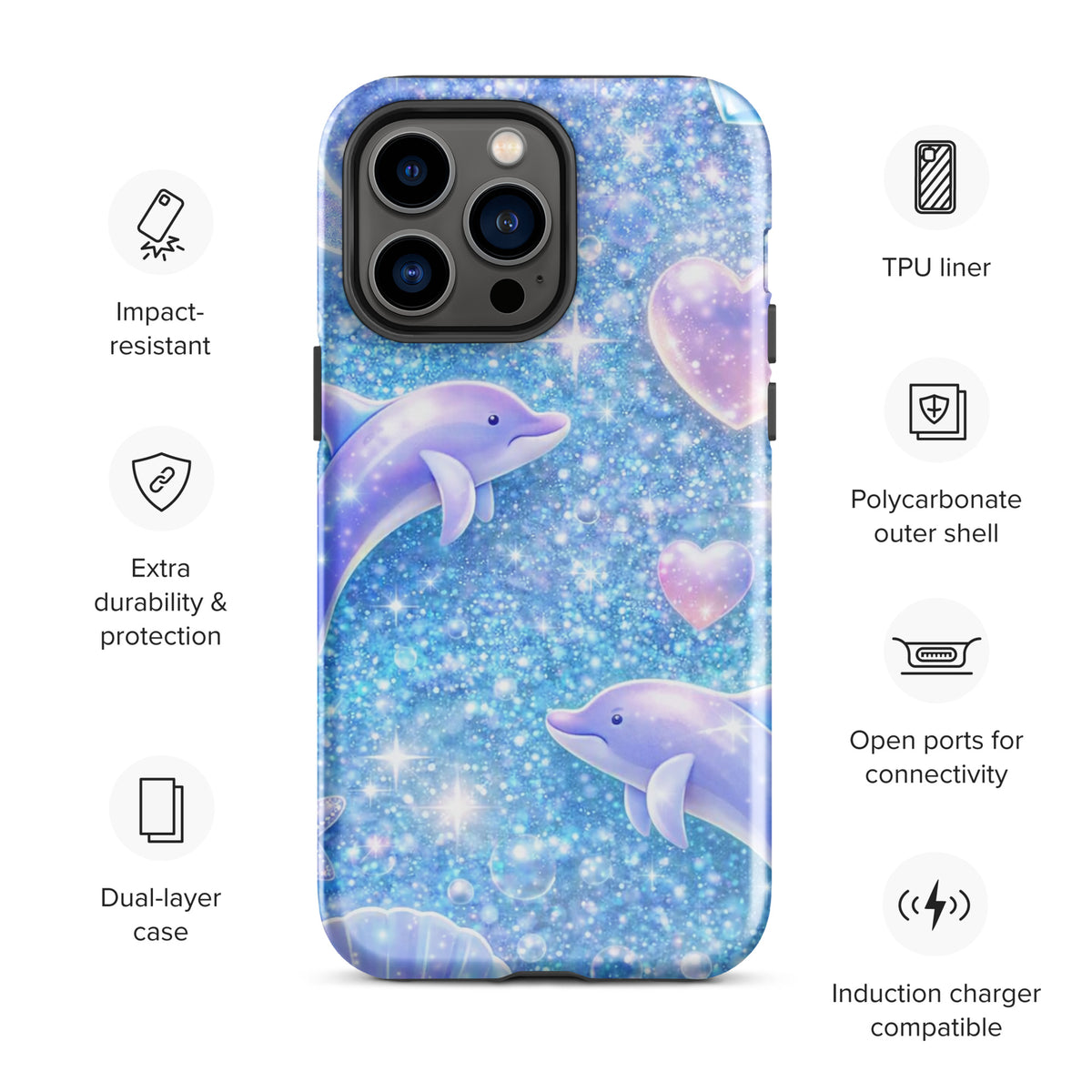 Phone Case for iPhone with ocean glitter design featuring dolphins, moons, and shells on a starry blue background.