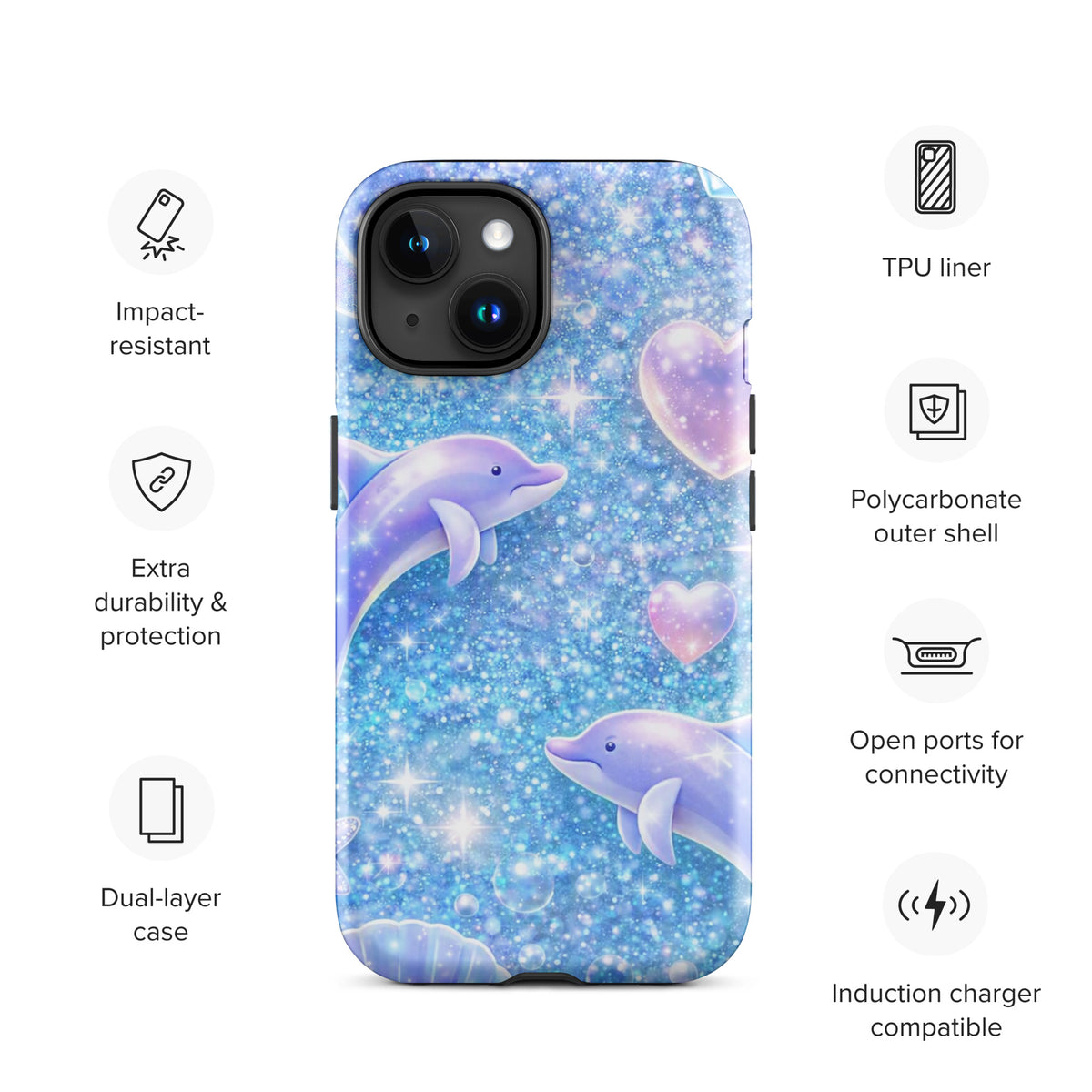 Phone Case for iPhone with ocean glitter, dolphins, and moonlit shell design, showcasing dreamy and magical underwater night sky theme.
