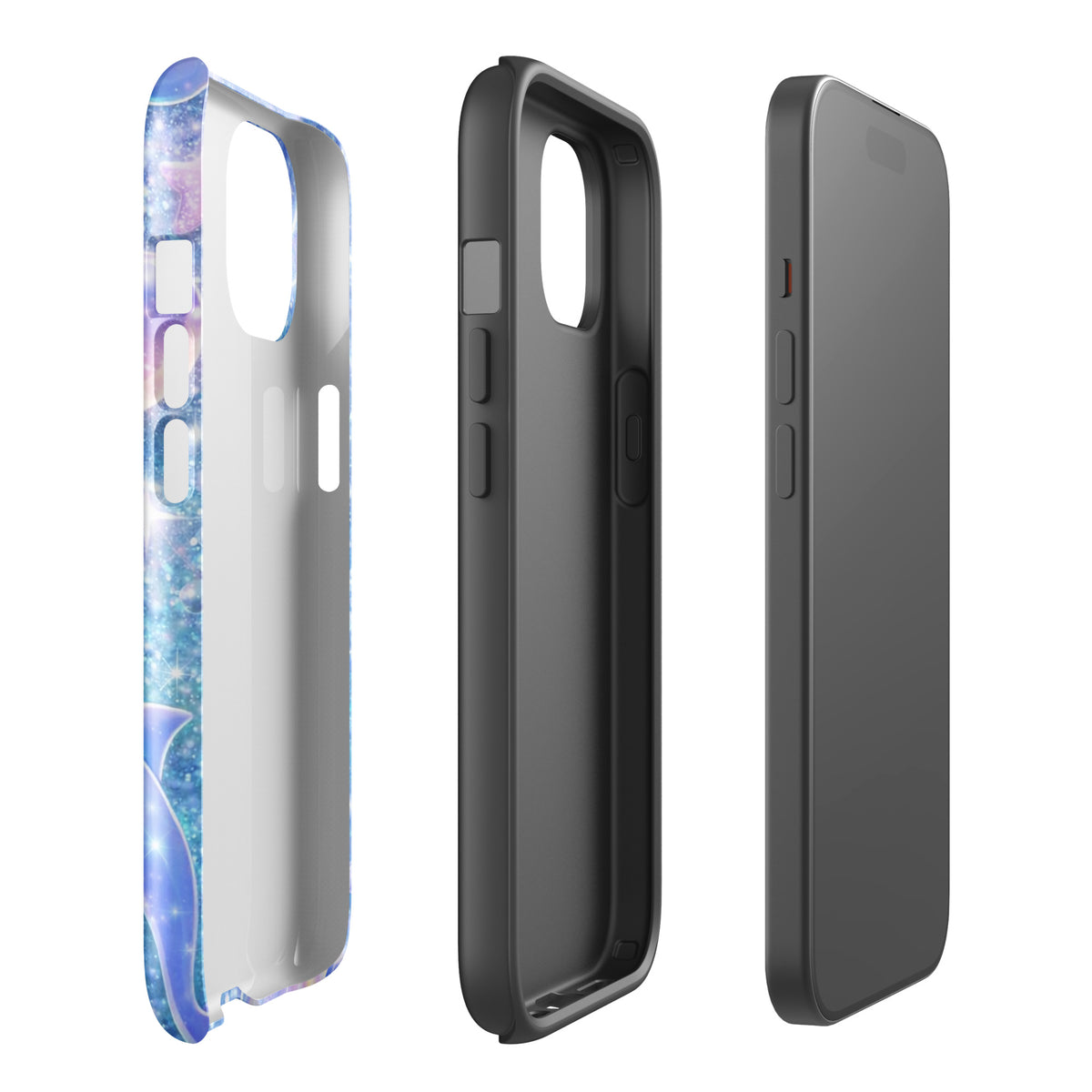 Phone Case for iPhone featuring glitter dolphins, pastel moons, and shells design with celestial accents.