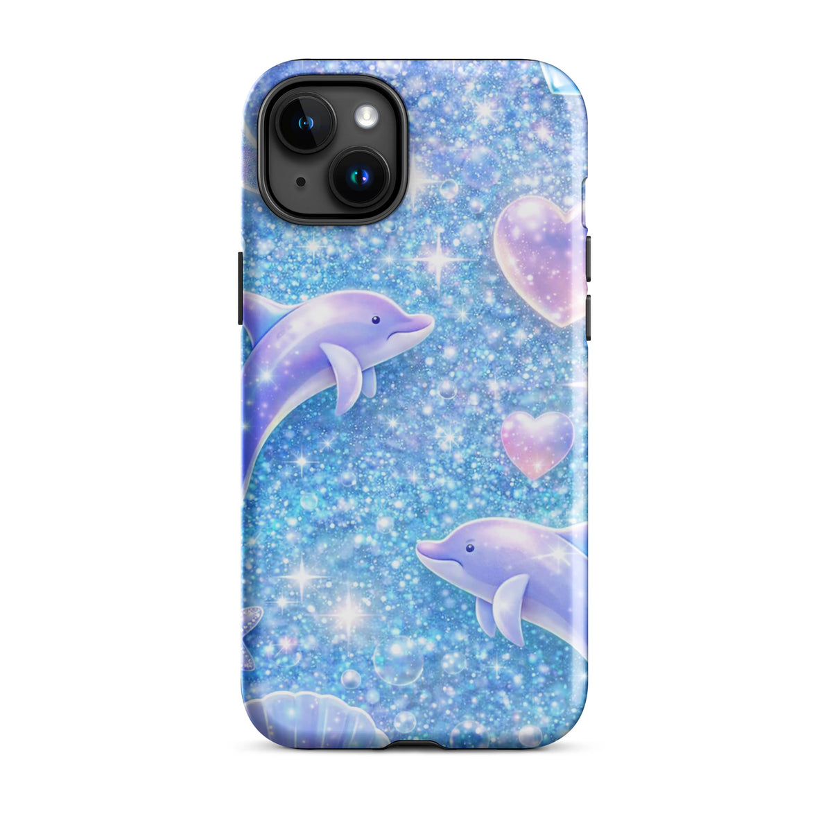 Phone Case featuring ocean glitter dolphins, pastel moons, and magical shells for iPhone, dreamy and playful design.