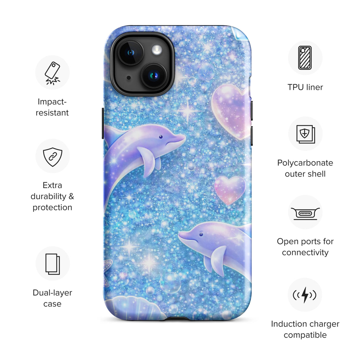 Phone Case for iPhone with ocean glitter dolphins, moonlit shells, and celestial accents, perfect for a dreamy and sparkling style.