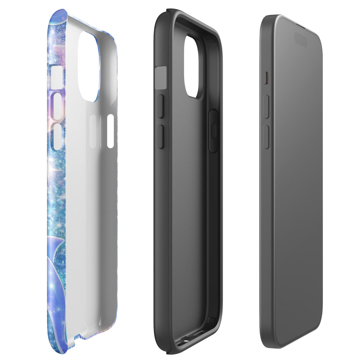 Phone Case for iPhone with Ocean Glitter Dolphins & Moonlit Shell design, side and back view showcasing dreamy celestial pattern.