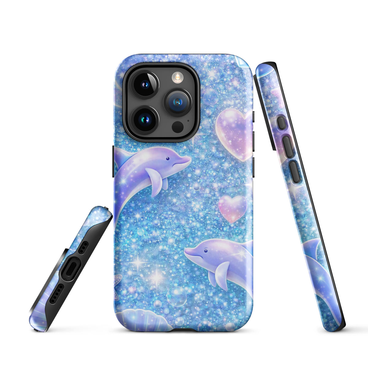 Phone Case with ocean glitter, dolphins, and moonlit shells on iPhone showcasing dreamy, sparkling design.