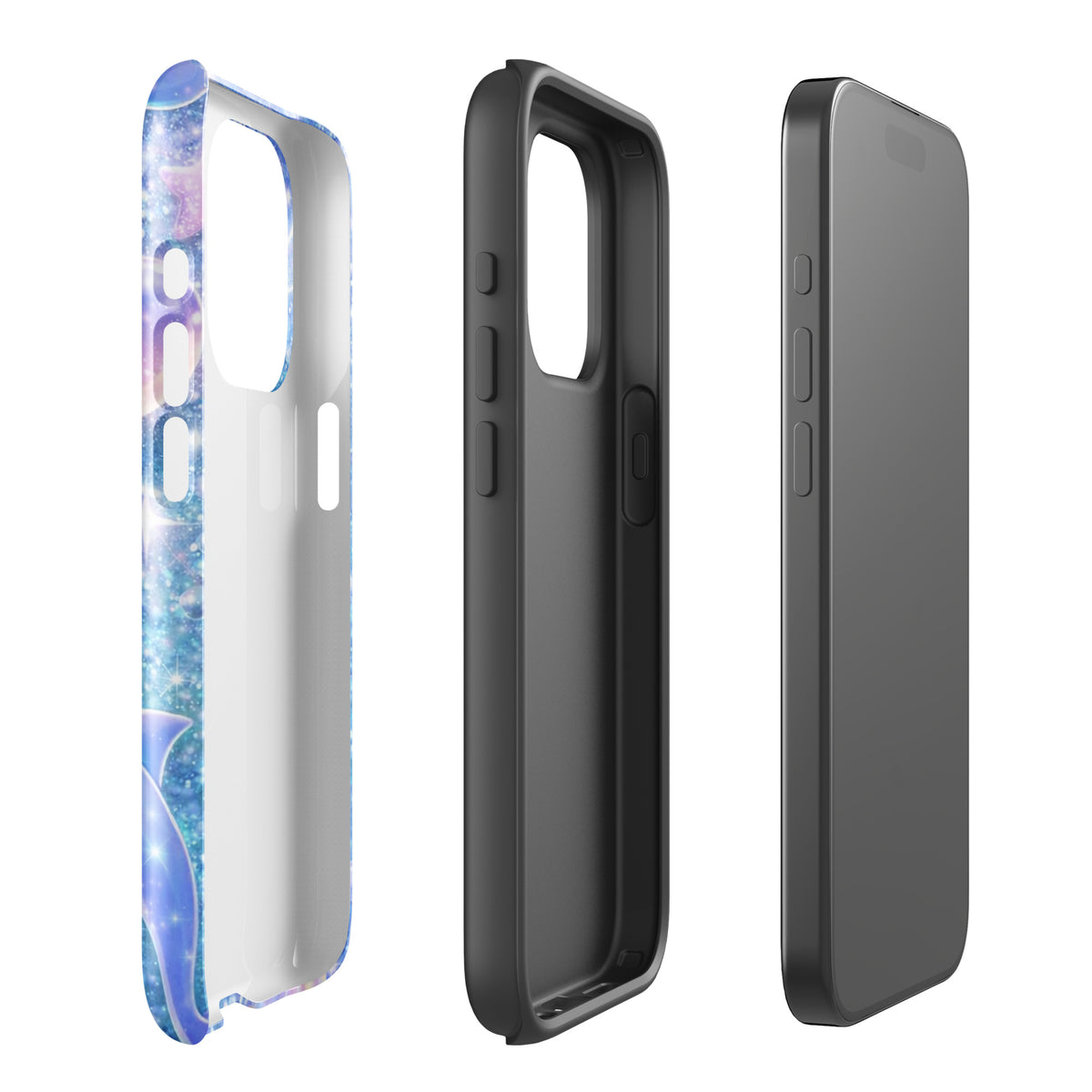 Phone Case for iPhone with Ocean Glitter design showcasing dolphins, moons, and shells, providing a whimsical and sparkling appearance.