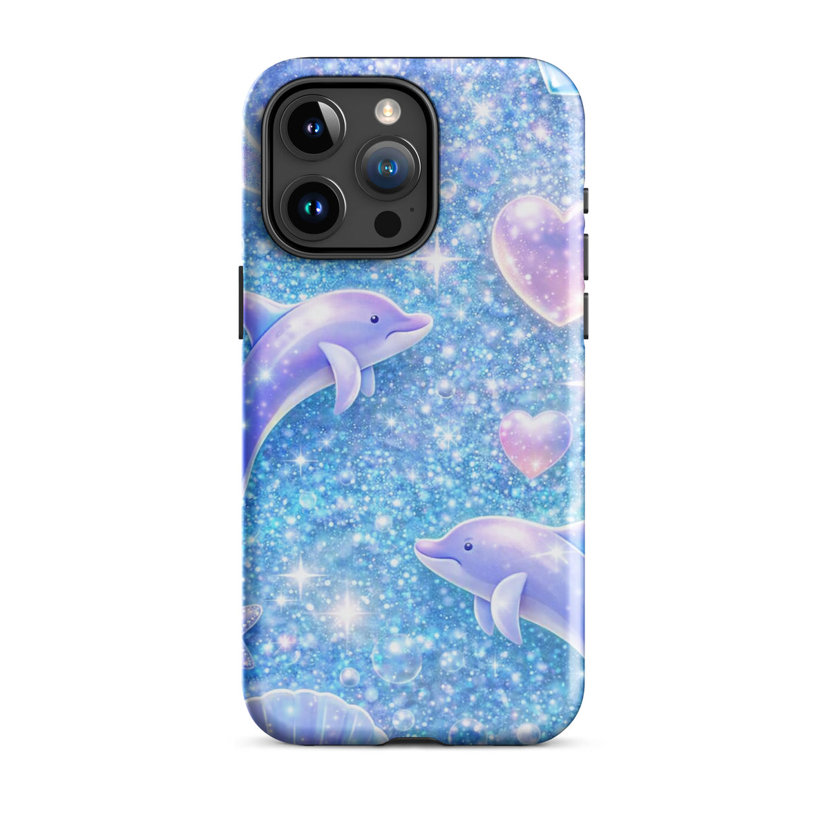 Phone Case for iPhone with Ocean Glitter Dolphins, Moonlit Shells, and Pastel Moons on a Sparkling Blue Background
