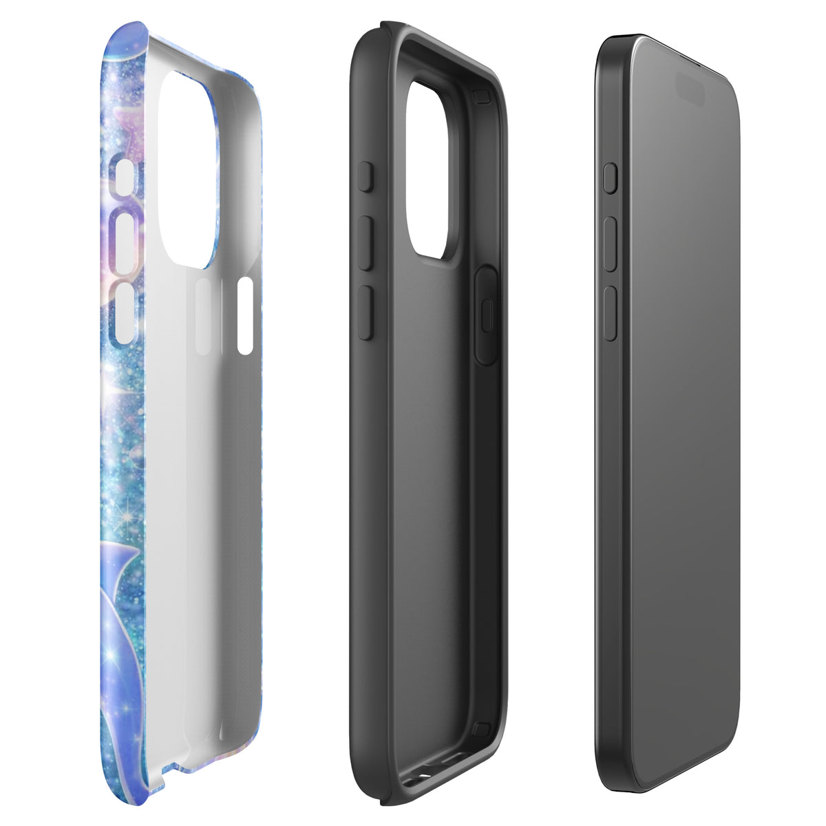 Phone Case for iPhone - Ocean Glitter Dolphins Moonlit Shell Fantasy design, showing sparkling dolphin and shell pattern.