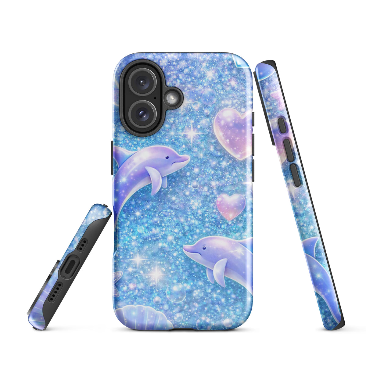 Phone Case for iPhone featuring ocean glitter with dolphins, moons, and shells.