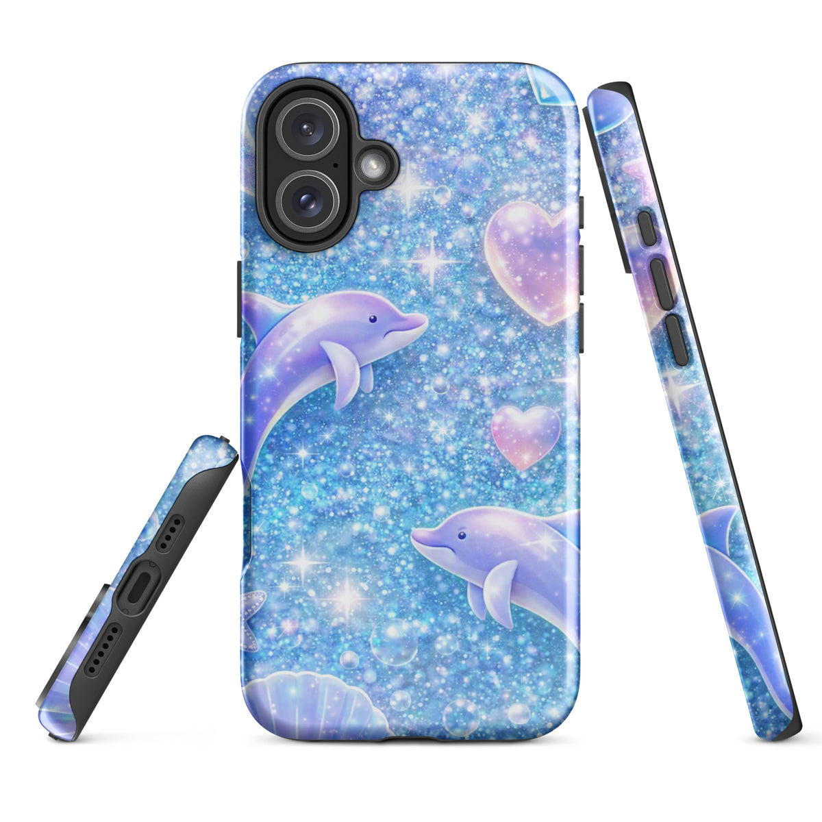 Phone Case for iPhone with ocean glitter dolphins and moonlit shell fantasy design