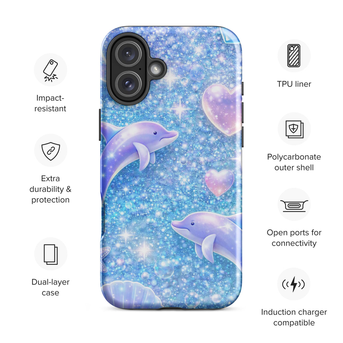 Ocean Glitter Dolphins Phone Case for iPhone with moonlit shells and shimmering stars, showcasing durability and compatibility features.