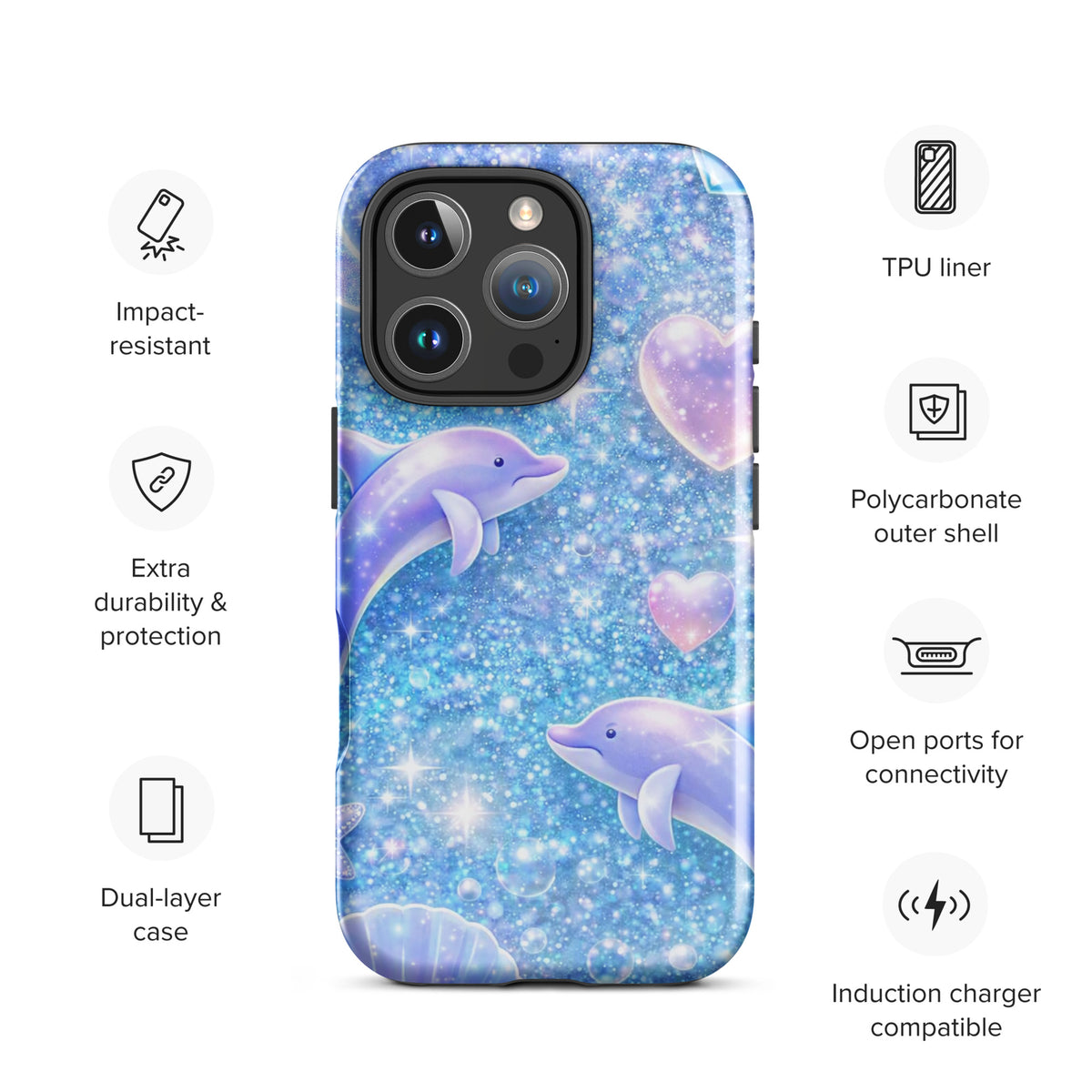 Phone Case for iPhone with Ocean Glitter Dolphins and Celestial Shell Fantasy Design