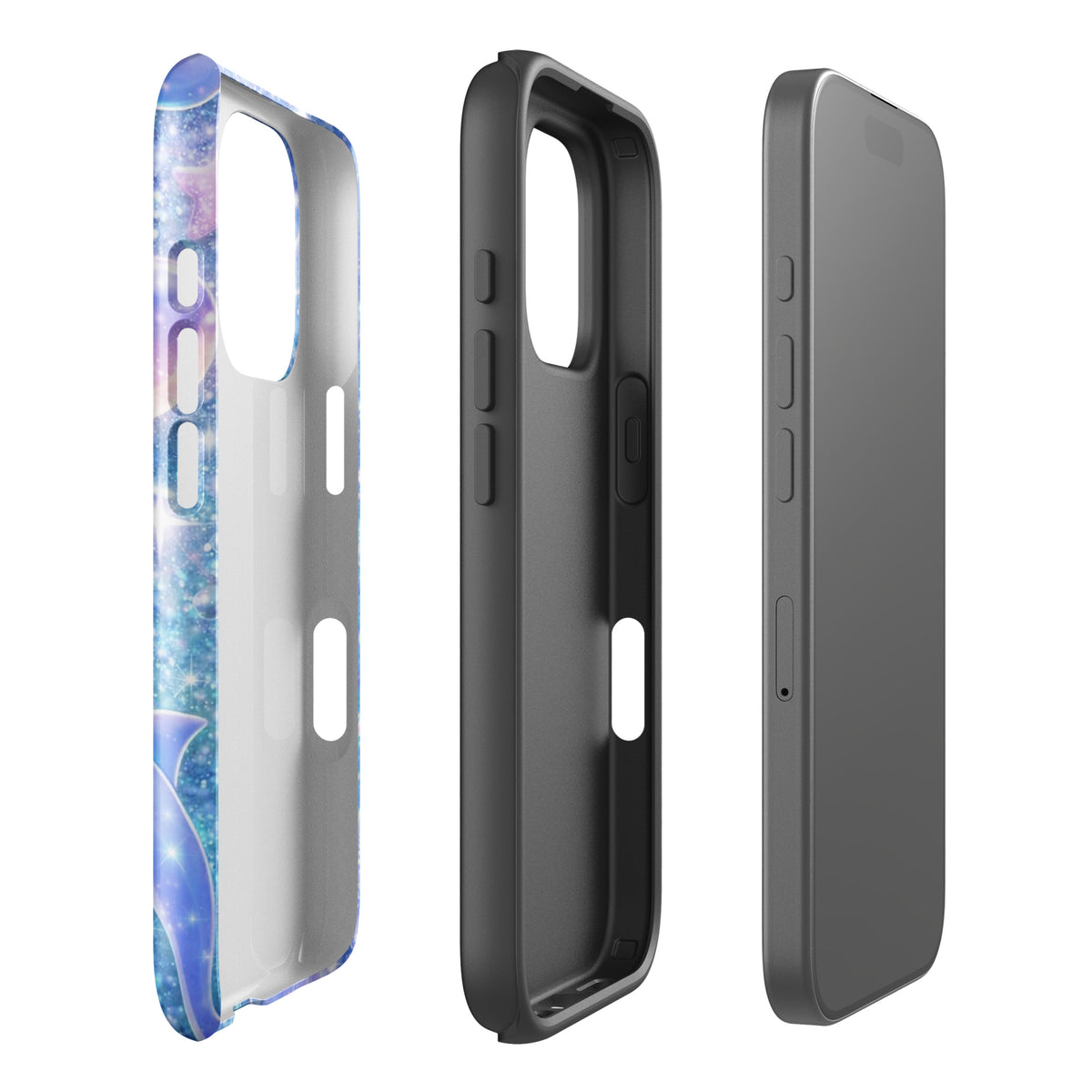 Phone Case for iPhone - Ocean Glitter design with dolphins and moons, side and interior view.