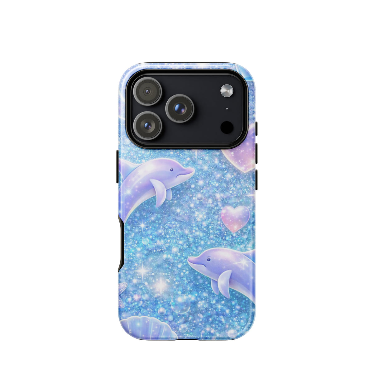 Phone Case for iPhone - Ocean Glitter design with dolphins and shells, shimmering in celestial hues and playful moonlit fantasy.