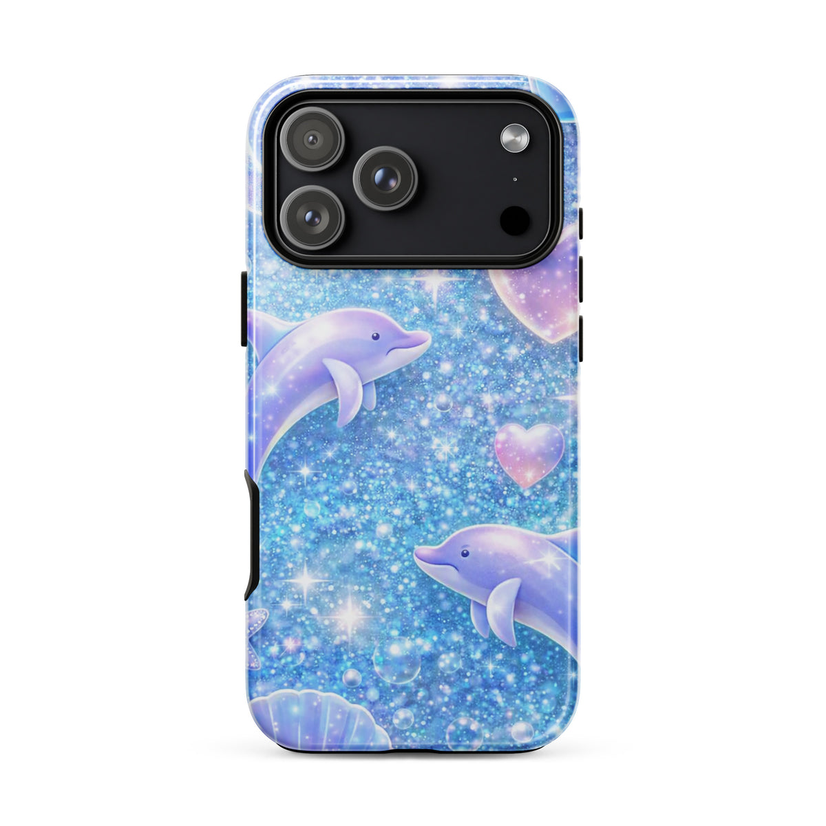 Phone Case for iPhone with ocean glitter design featuring dolphins and moonlit shells